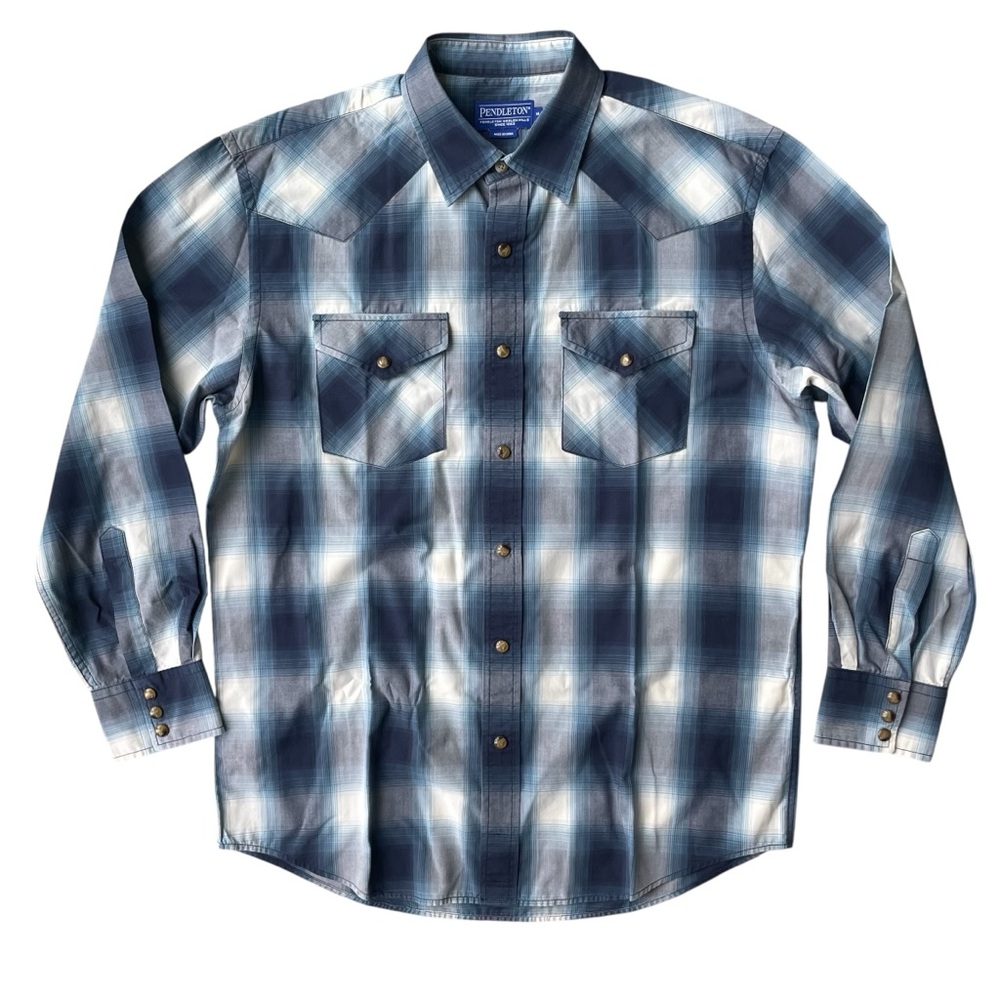 Pendleton Men’s Plaid Pearl Snap Front Long Sleeve Shirt Size M Blue Gray